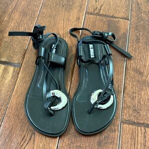 ALOHAS Black Leather Tie-Strap Sandals with Silver Circle Accent